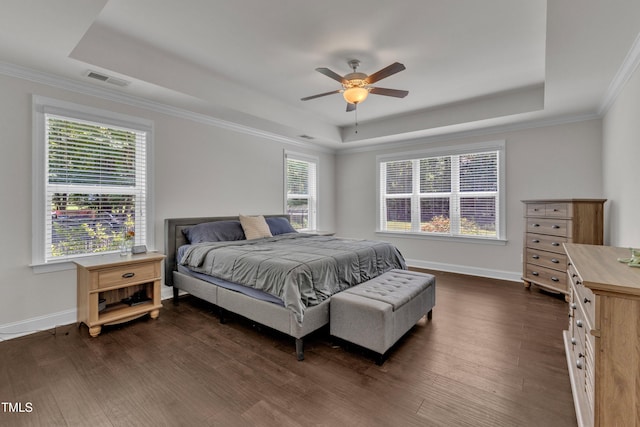 1725 River Club Way, Franklinton, NC 27525 - bedroom with a tray ceiling, dark wood-style floors, ornamental molding, and a ceiling fan