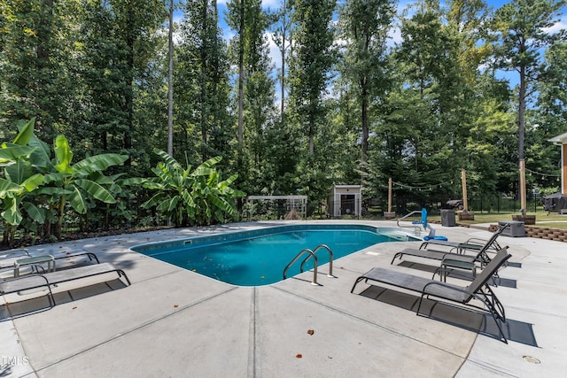 1725 River Club Way, Franklinton, NC 27525 - view of swimming pool with a patio area, view of scattered trees, and a storage shed
