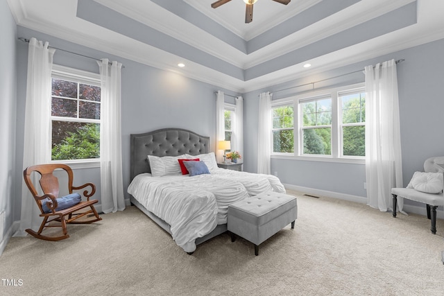 5005 Clyden Cv, Raleigh, NC 27612 - bedroom featuring ornamental molding, carpet, a tray ceiling, recessed lighting, and ceiling fan