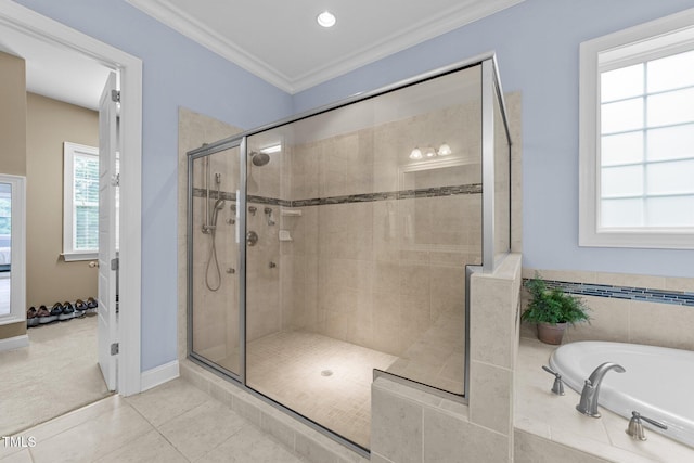 5005 Clyden Cv, Raleigh, NC 27612 - full bath with a stall shower, a bath, crown molding, and tile patterned floors