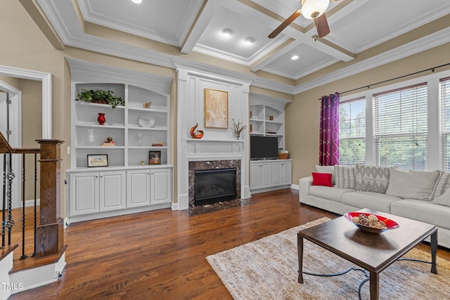 5005 Clyden Cv, Raleigh, NC 27612 - living area with a premium fireplace, crown molding, a ceiling fan, wood finished floors, and coffered ceiling