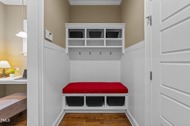 5005 Clyden Cv, Raleigh, NC 27612 - mudroom featuring a wainscoted wall, wood finished floors, and ornamental molding