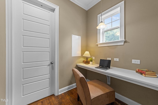 5005 Clyden Cv, Raleigh, NC 27612 - office with crown molding, dark wood finished floors, and built in desk