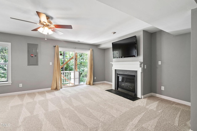 306 Kirkeenan Cir, Morrisville, NC 27560 - unfurnished living room with ceiling fan, electric panel, healthy amount of natural light, and carpet floors
