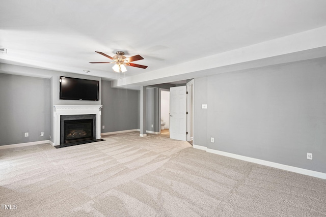 306 Kirkeenan Cir, Morrisville, NC 27560 - unfurnished living room with ceiling fan, carpet, and a fireplace with flush hearth