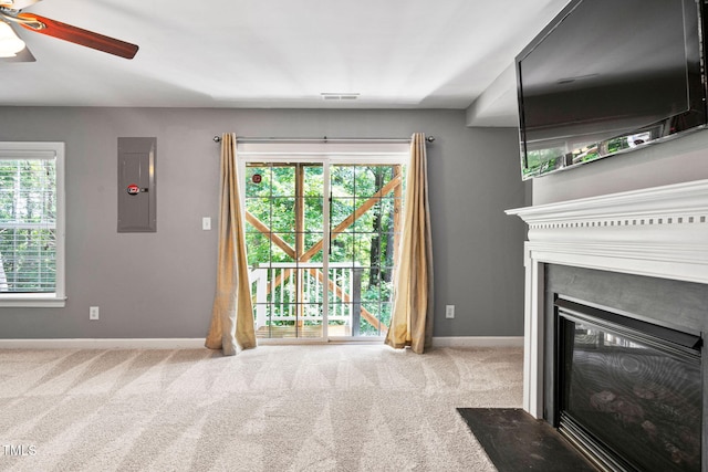 306 Kirkeenan Cir, Morrisville, NC 27560 - unfurnished living room with electric panel, a ceiling fan, carpet flooring, and plenty of natural light