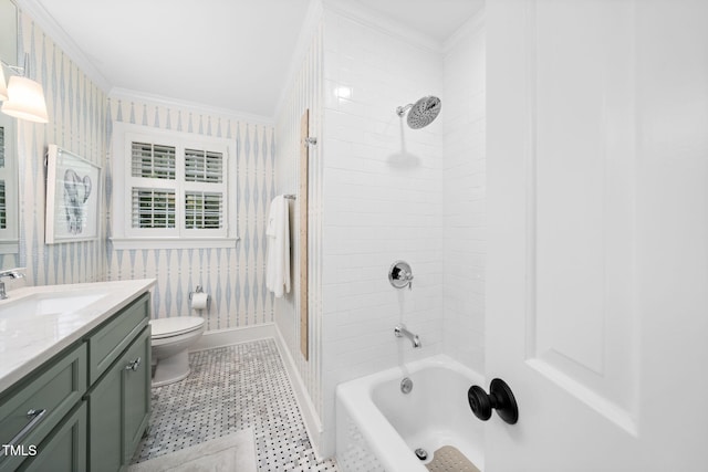 809 Blenheim Dr, Raleigh, NC 27612 - bathroom featuring crown molding, vanity, tile patterned flooring, wallpapered walls, and  shower combination