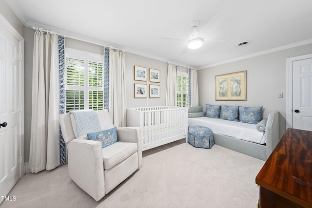 809 Blenheim Dr, Raleigh, NC 27612 - bedroom featuring crown molding, multiple windows, light colored carpet, and ceiling fan