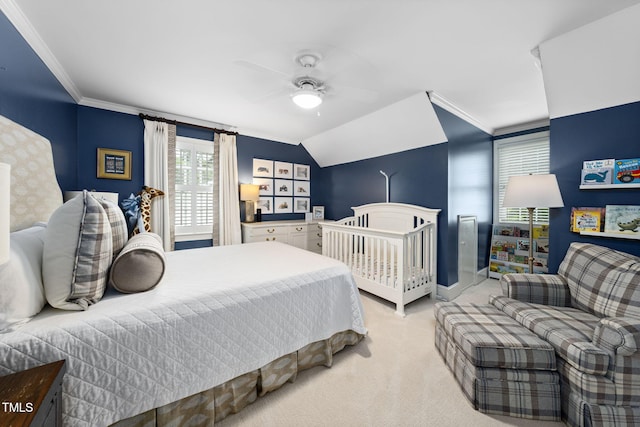 809 Blenheim Dr, Raleigh, NC 27612 - bedroom featuring light colored carpet, multiple windows, crown molding, ceiling fan, and lofted ceiling