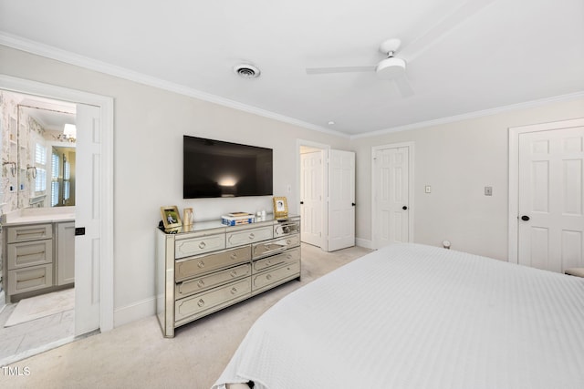 809 Blenheim Dr, Raleigh, NC 27612 - bedroom featuring ornamental molding, light colored carpet, ensuite bathroom, and ceiling fan