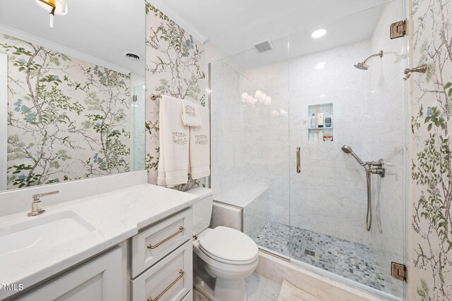 809 Blenheim Dr, Raleigh, NC 27612 - full bathroom with vanity, a shower stall, and ornamental molding