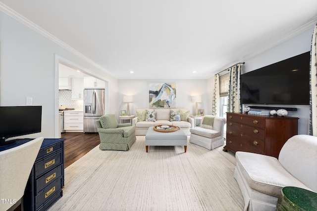 809 Blenheim Dr, Raleigh, NC 27612 - living room with dark wood-style floors, ornamental molding, and recessed lighting