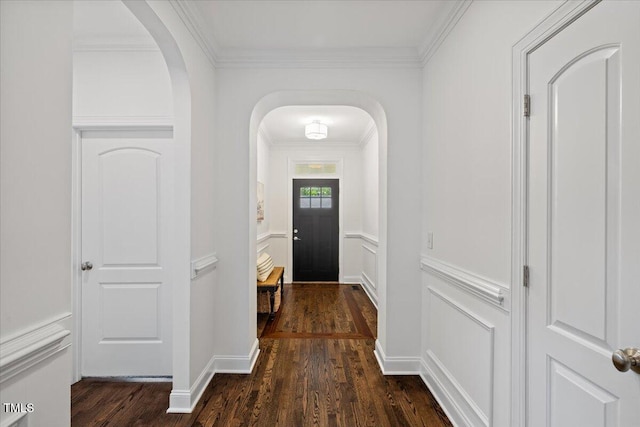 49 Brookridge Ct, Pittsboro, NC 27312 - hall with dark wood-type flooring, arched walkways, and ornamental molding