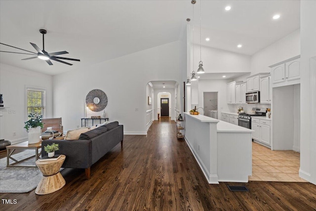 49 Brookridge Ct, Pittsboro, NC 27312 - kitchen featuring appliances with stainless steel finishes, ceiling fan, arched walkways, light countertops, and open floor plan