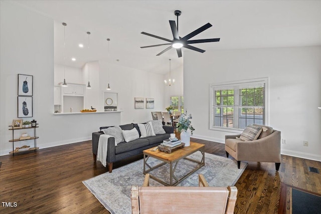 49 Brookridge Ct, Pittsboro, NC 27312 - living area featuring ceiling fan, high vaulted ceiling, a chandelier, and dark wood-type flooring