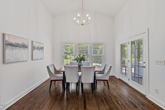 49 Brookridge Ct, Pittsboro, NC 27312 - dining area with a chandelier, dark wood-style floors, and high vaulted ceiling