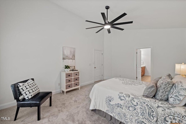 49 Brookridge Ct, Pittsboro, NC 27312 - bedroom with high vaulted ceiling, light colored carpet, a ceiling fan, and ensuite bath