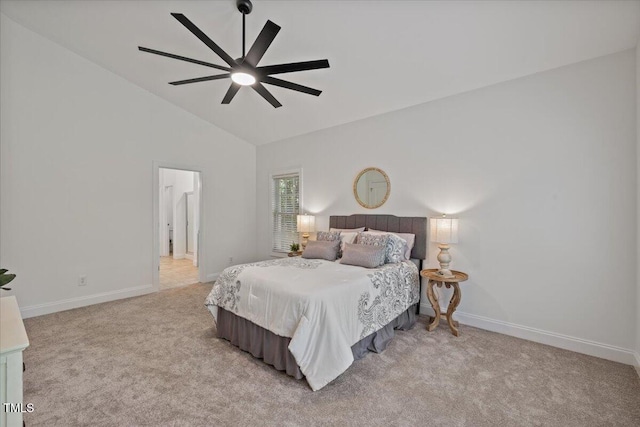 49 Brookridge Ct, Pittsboro, NC 27312 - bedroom featuring light colored carpet, high vaulted ceiling, and ceiling fan