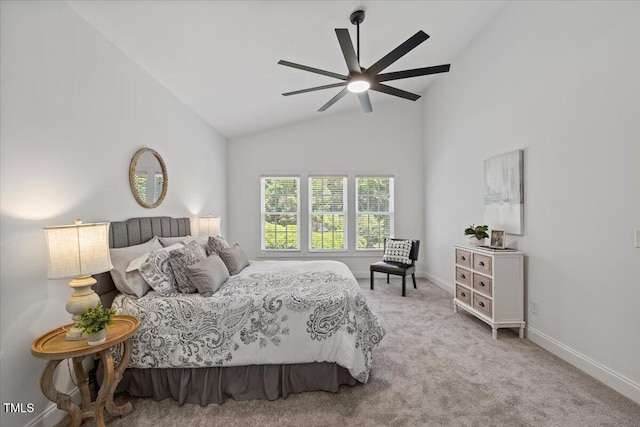 49 Brookridge Ct, Pittsboro, NC 27312 - bedroom featuring carpet flooring, high vaulted ceiling, and a ceiling fan