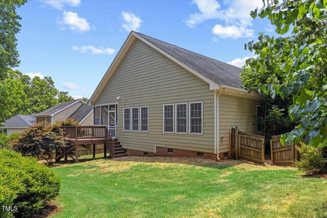 49 Brookridge Ct, Pittsboro, NC 27312 - back of house featuring crawl space, a wooden deck, stairs, and a shingled roof