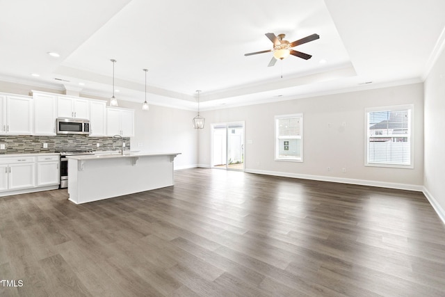 6531 Knob Creek Dr, Whitsett, NC 27377 - kitchen featuring a tray ceiling, appliances with stainless steel finishes, ornamental molding, open floor plan, and a breakfast bar