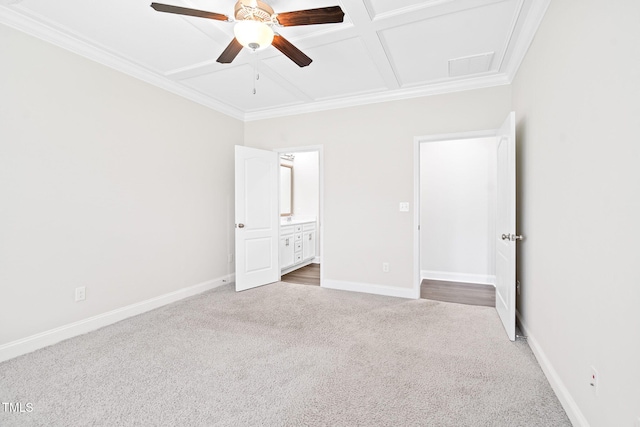 6531 Knob Creek Dr, Whitsett, NC 27377 - unfurnished bedroom featuring carpet floors, ornamental molding, ensuite bath, coffered ceiling, and a ceiling fan