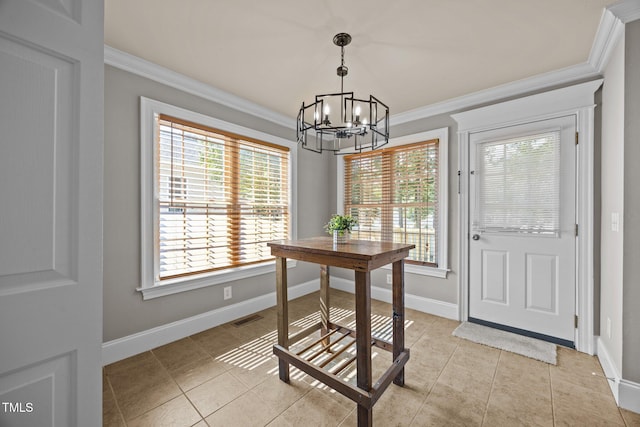 305 Justice Heights St, Apex, NC 27502 - dining space with a chandelier, ornamental molding, and light tile patterned flooring