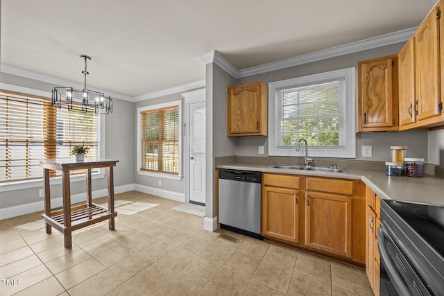 305 Justice Heights St, Apex, NC 27502 - kitchen featuring appliances with stainless steel finishes, crown molding, a chandelier, light tile patterned floors, and light countertops