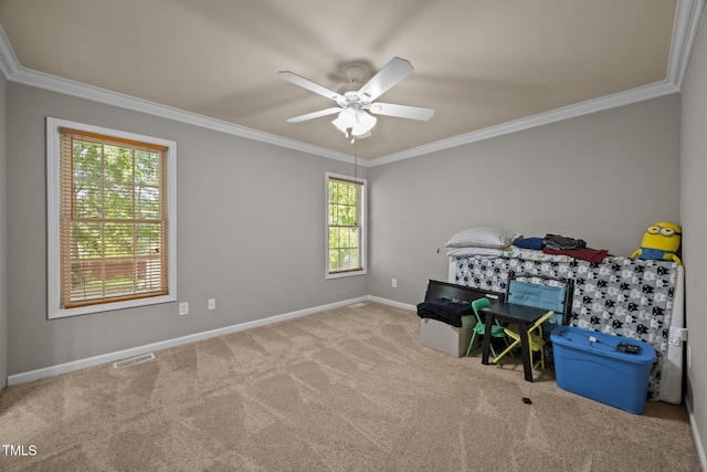 305 Justice Heights St, Apex, NC 27502 - carpeted bedroom featuring ornamental molding and a ceiling fan