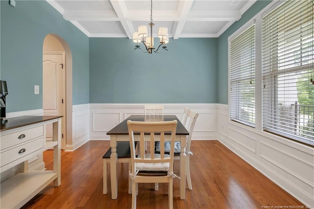 1234 Micahs Way N, Spring Lake, NC 28390 - dining room with a chandelier, beam ceiling, wood-type flooring, coffered ceiling, and wainscoting