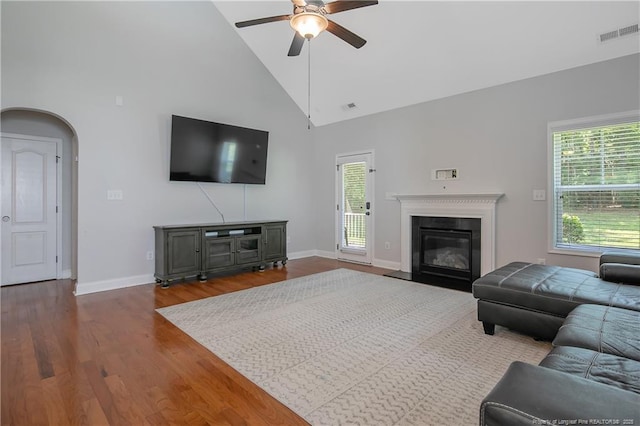 1234 Micahs Way N, Spring Lake, NC 28390 - living room featuring high vaulted ceiling, a ceiling fan, plenty of natural light, wood finished floors, and a fireplace