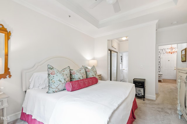 116 Northbrook Dr Unit 303, Raleigh, NC 27609 - bedroom featuring light carpet, ornamental molding, ensuite bathroom, a chandelier, and a ceiling fan