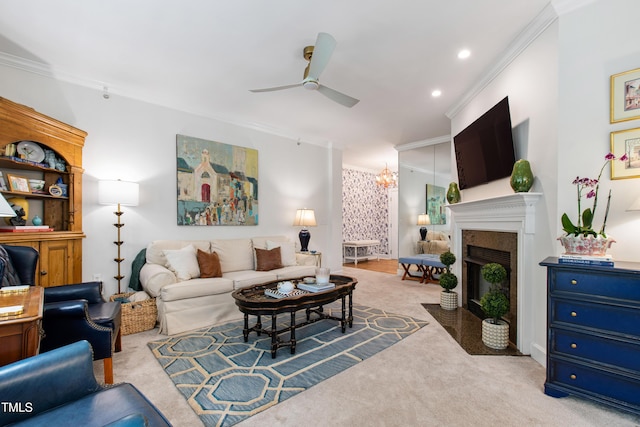 116 Northbrook Dr Unit 303, Raleigh, NC 27609 - carpeted living area featuring ornamental molding, a ceiling fan, a fireplace with flush hearth, recessed lighting, and a chandelier
