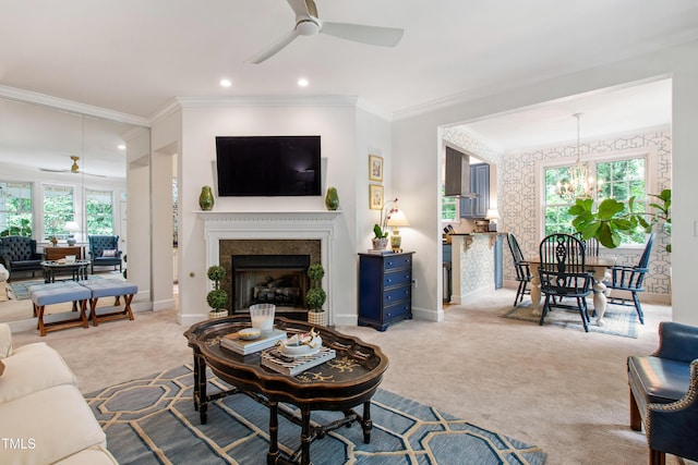 116 Northbrook Dr Unit 303, Raleigh, NC 27609 - living room featuring a ceiling fan, carpet flooring, crown molding, plenty of natural light, and recessed lighting