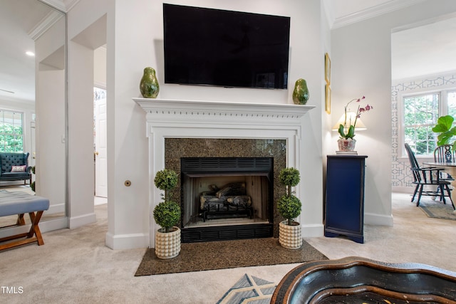 116 Northbrook Dr Unit 303, Raleigh, NC 27609 - living area with carpet floors, a fireplace with flush hearth, crown molding, plenty of natural light, and recessed lighting