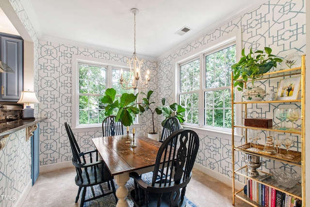 116 Northbrook Dr Unit 303, Raleigh, NC 27609 - dining area with wallpapered walls, ornamental molding, plenty of natural light, a chandelier, and light carpet