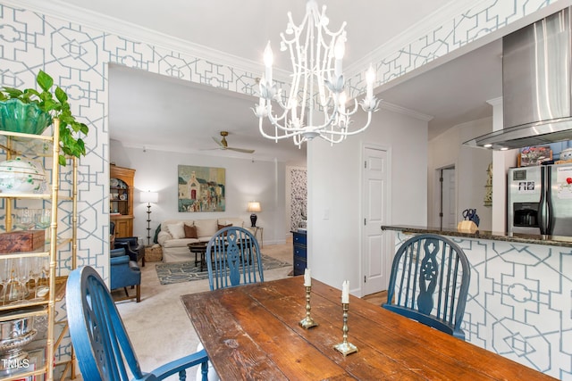 116 Northbrook Dr Unit 303, Raleigh, NC 27609 - carpeted dining space with crown molding, a ceiling fan, and a chandelier