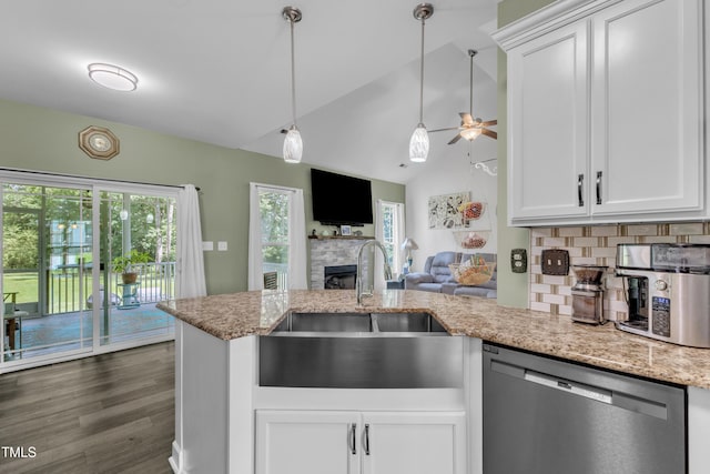 450 Cotton Mill Dr, Zebulon, NC 27597 - kitchen with stainless steel dishwasher, a fireplace, a peninsula, tasteful backsplash, and vaulted ceiling