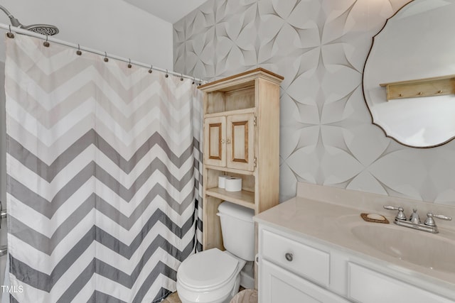 450 Cotton Mill Dr, Zebulon, NC 27597 - full bath featuring vanity, a shower with curtain, and wallpapered walls