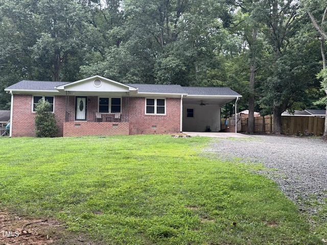 6740 Guess Rd, Hillsborough, NC 27278 - ranch-style home with driveway, covered porch, an attached carport, crawl space, and brick siding