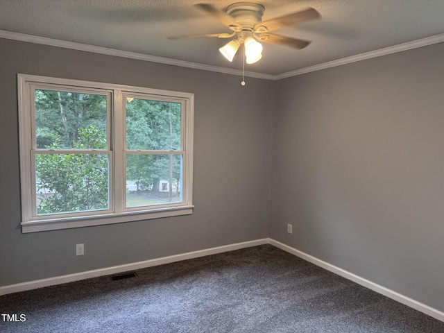 6740 Guess Rd, Hillsborough, NC 27278 - empty room with dark carpet, a ceiling fan, and ornamental molding