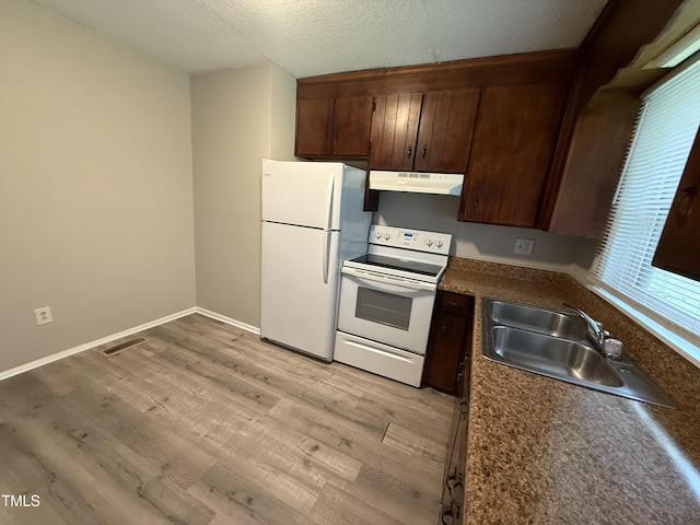 306 N Discovery St Unit A, B, C, D, Rocky Mount, NC 27801 - kitchen featuring white appliances, under cabinet range hood, light wood-type flooring, dark countertops, and a textured ceiling