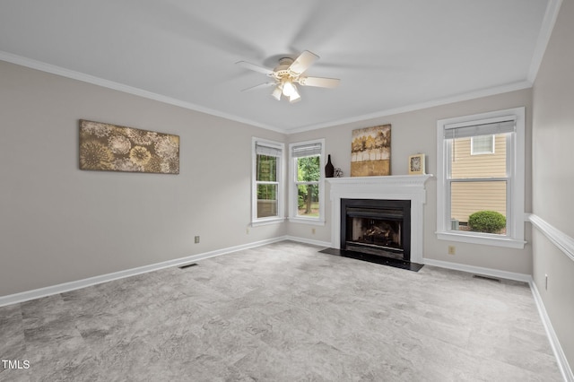 3 Fieldcrest Ct, Durham, NC 27713 - unfurnished living room featuring a ceiling fan, crown molding, and a fireplace with flush hearth