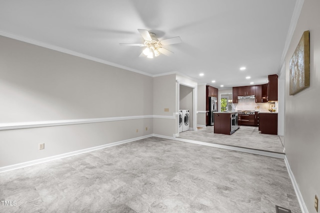 3 Fieldcrest Ct, Durham, NC 27713 - unfurnished living room with separate washer and dryer, a ceiling fan, recessed lighting, and crown molding