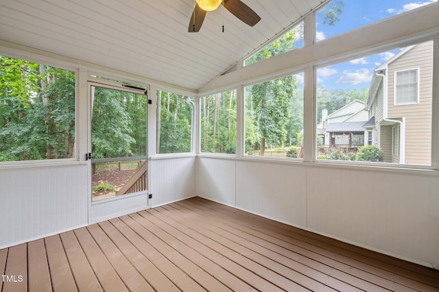 3 Fieldcrest Ct, Durham, NC 27713 - unfurnished sunroom featuring ceiling fan, healthy amount of natural light, vaulted ceiling, and view of scattered trees
