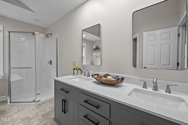 3 Fieldcrest Ct, Durham, NC 27713 - bathroom featuring a shower stall, double vanity, lofted ceiling, and tile patterned floors