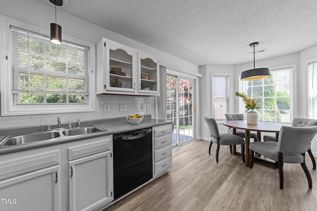 4812 Morecambe Way, Apex, NC 27539 - kitchen with black dishwasher, a textured ceiling, backsplash, light wood-style floors, and plenty of natural light