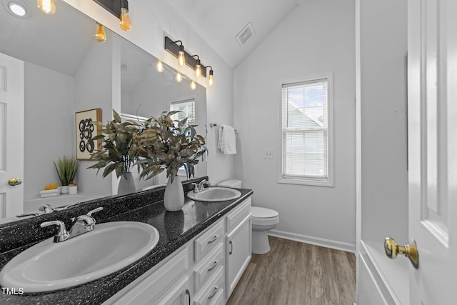 4812 Morecambe Way, Apex, NC 27539 - full bathroom with double vanity, vaulted ceiling, plenty of natural light, and wood finished floors