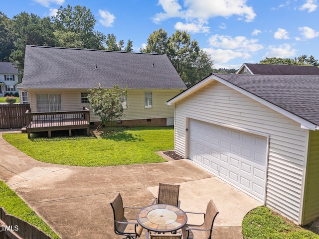 4812 Morecambe Way, Apex, NC 27539 - back of house with a shingled roof, crawl space, a wooden deck, and a garage