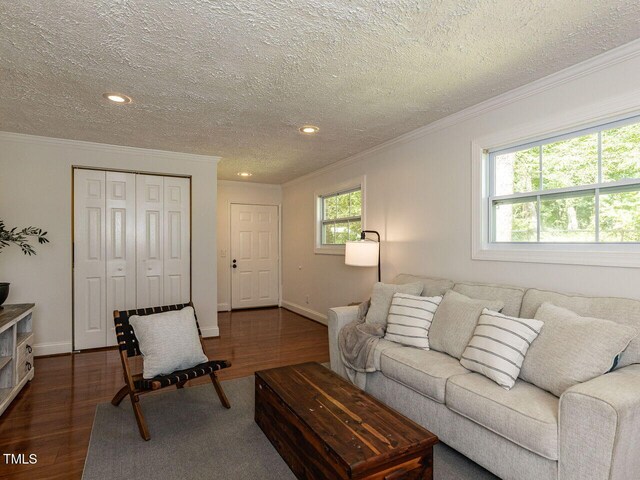 1831 Washington Dr, Hillsborough, NC 27278 - living area featuring dark wood-style flooring, ornamental molding, a textured ceiling, and recessed lighting